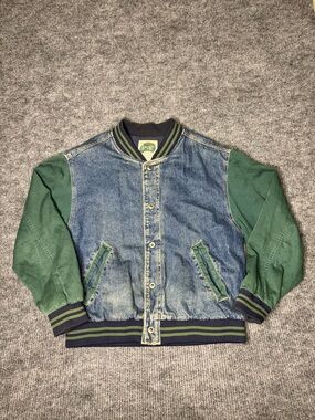 VTG  Syn Jean Co Denim Varsity Jacket Mens Lrg Bomber  80s 90s Streetwear Grunge